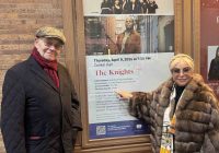Ljova's parents, Alexander Zhurbin and Irena Ginzburg, outside Carnegie Hall (Zankel Hall) pointing at a poster with Ljova's name on it