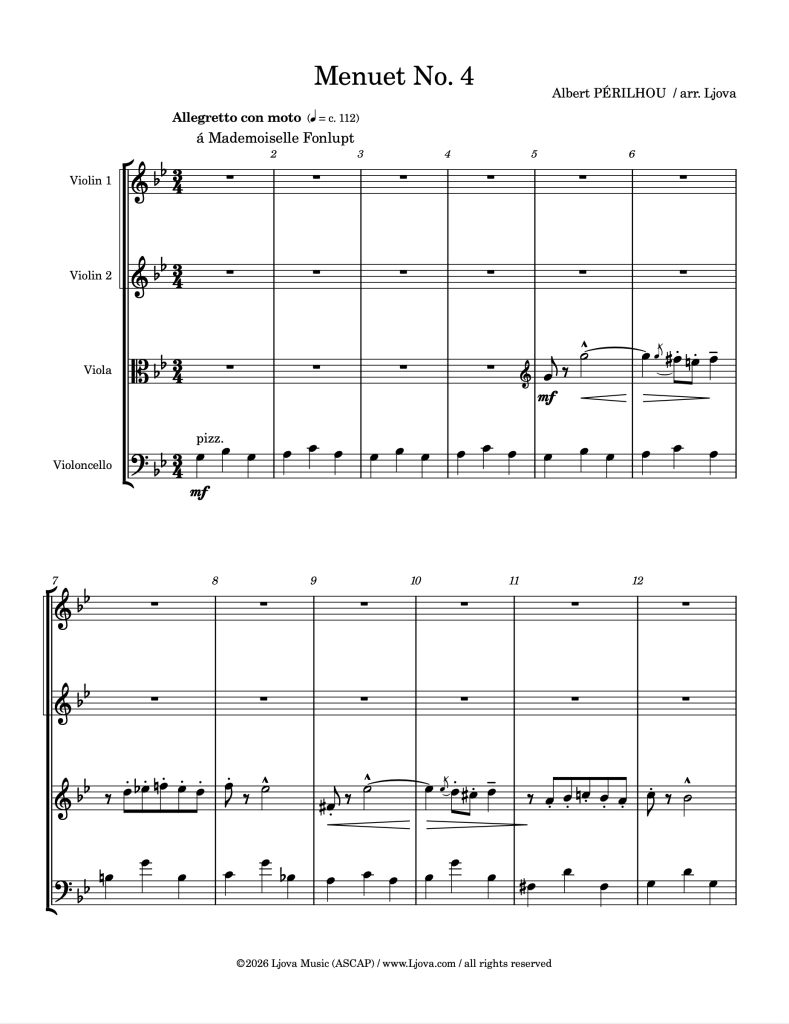 Perilhou, Albert arr Ljova- Menuet 4 (String Quartet Score and Parts)